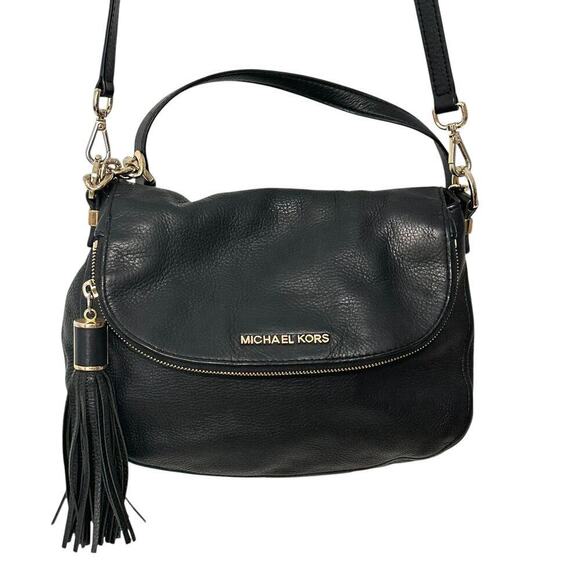 Michael Kors Bedford Flap Tassel Black Pebbled Leather Shoulder Bag Purse - Picture 3 of 16